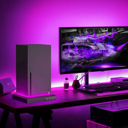 Station de support à lumière RGB pour console Xbox Series X/S, avec hub USB à 3 ports et base LED colorée pour accessoires gaming